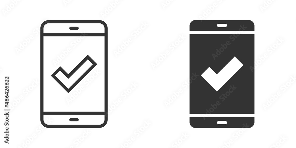 Phone check mark icon in flat style. Smartphone approval vector illustration on white isolated background. Confirm business concept. Phone check mark icon in flat style. Smartphone approval vector illustration on white isolated background. Confirm business concept.