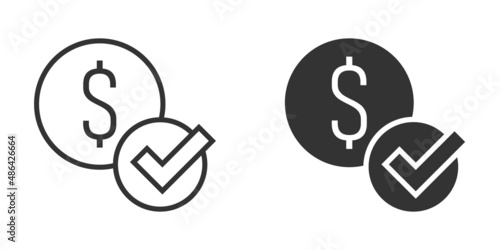 Coin check mark icon in flat style. Money approval vector illustration on white isolated background. Confirm business concept.