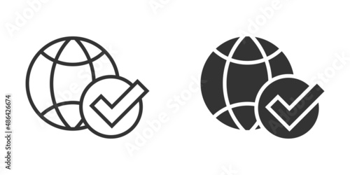 Globe check mark icon in flat style. World approval vector illustration on white isolated background. Confirm business concept.