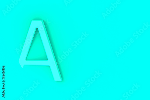 Letter A Is Aquamarine on Aquamarine background. Part of letter is immersed in background. Horizontal image. 3D image. 3D rendering.