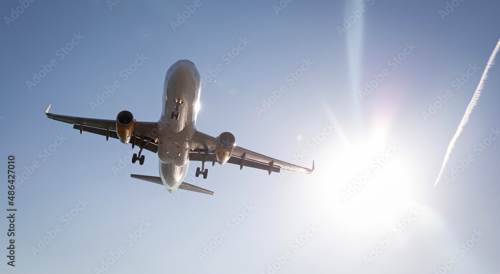 Fototapeta premium Airplane preparing the landing with a blue sky