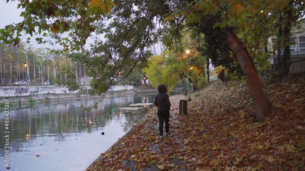Woman walking alone at night in a coat in the dark near a river in autumn, the camera following Woman walking alone at night in a coat in the dark near a river in autumn, the camera following