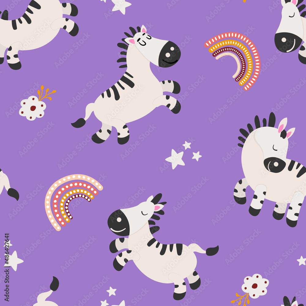 Obraz premium Seamless pattern with cute hand drawn zebras. Design for fabric, textile, wallpaper, packaging, decorating a nursery. 