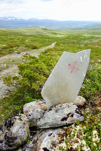 Saint Olavs Way in Norway, sign pilgrim trial In Norway, photo