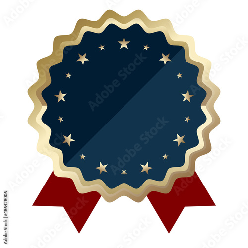 紺色に金の縁取り、赤いリボンをあしらったバッジロゴのテンプレート。ベクターイラスト素材。