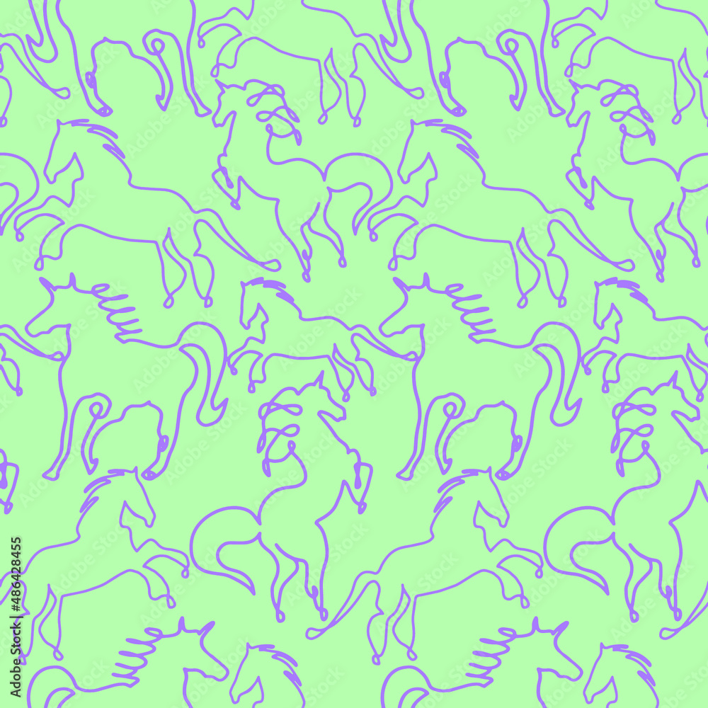 Abstract One Line Drawing Horses Seamless Vector Pattern Isolated Background