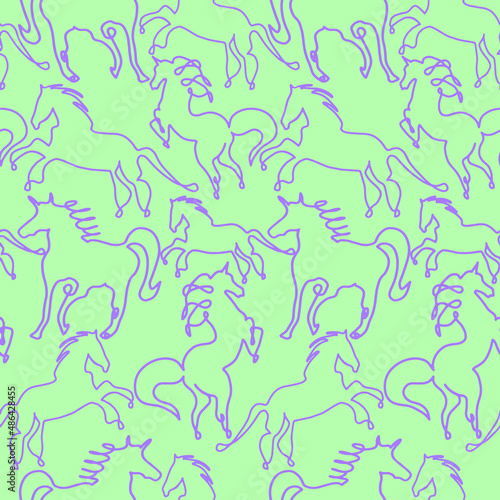 Abstract One Line Drawing Horses Seamless Vector Pattern Isolated Background