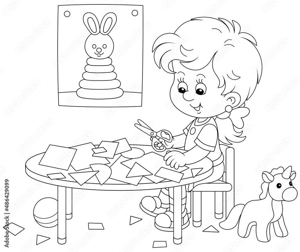 Little preschool girl cutting outlines and figures from color paper with scissors and making a funny picture of a cute toy bunny, black and white vector cartoon illustration for a coloring book