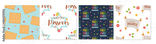 passover seamless pattern set. Jewish holiday . Pesach patterns for templates, invitations and design with matzah, piramyds and spring flowers . vector illustration