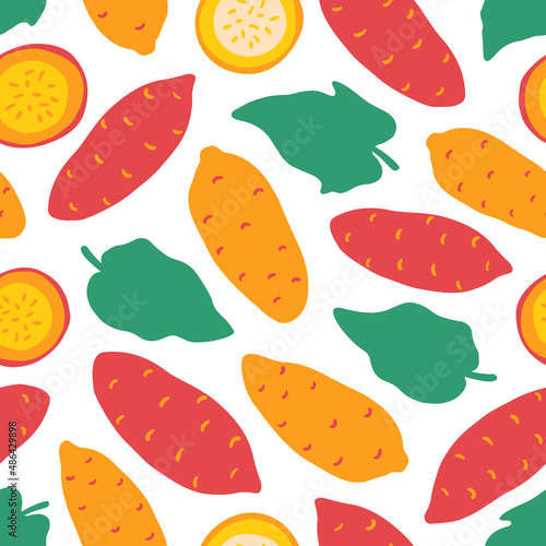 Cute sweet potato seamless pattern. Whole vegetables  slices  leaves and flowers. Flat vector hand drawn illustration in cartoon style