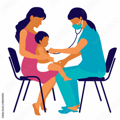 Doctor pediatrician in a mask in a medical suit, listening child's heartbeat with stethoscope during checkup. Little patient. Baby pediatrician consultation. Scheduled health check. Checkup of baby