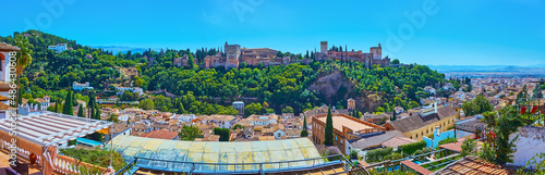Panorama of old with city hills, Alhambra and Generalife, Granada, Spain