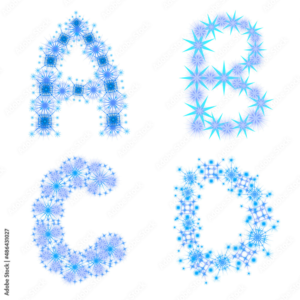 Letters A, B, C, D made of snowflakes. Winter font design