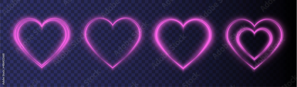 Heart pink with flashes isolated on transparent background. Light heart for holiday cards, banners, invitations. Heart-shaped gold wire glow. PNG image