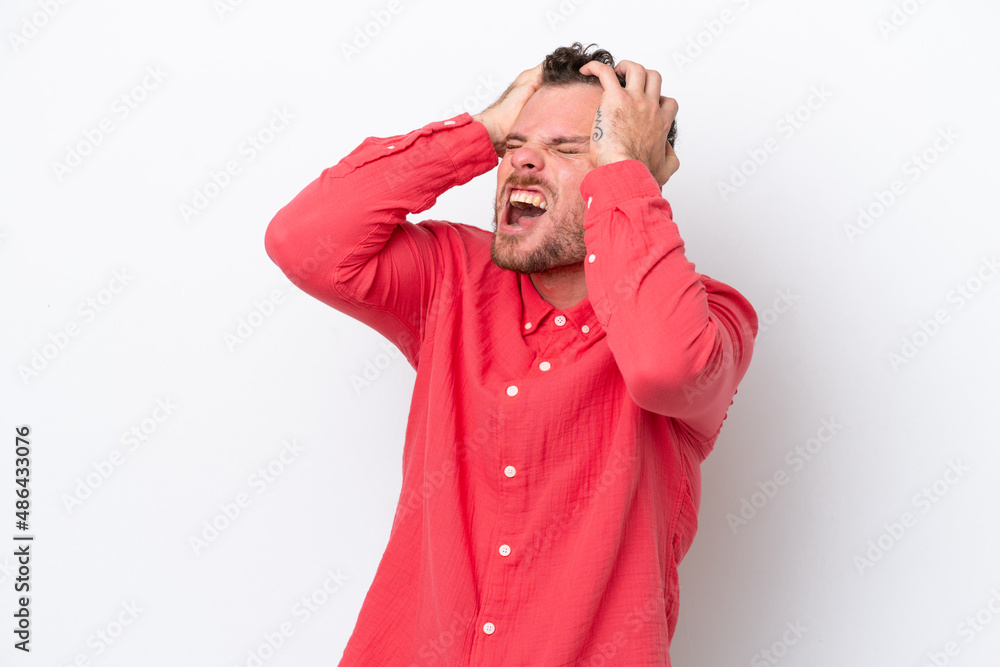 Young Brazilian man isolated on white background stressed overwhelmed