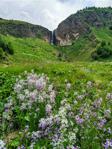 Karakaya-su Waterfall, surrounded by the Caucasus Mountains near Elbrus, Jily-su, Russia