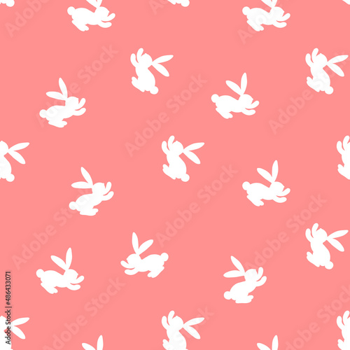 Seamless pattern with white silhouette Easter rabbits on pink background. Design for card, postcard, wallpaper, fabric, textile. Vector stock illustration. Cartoon style
