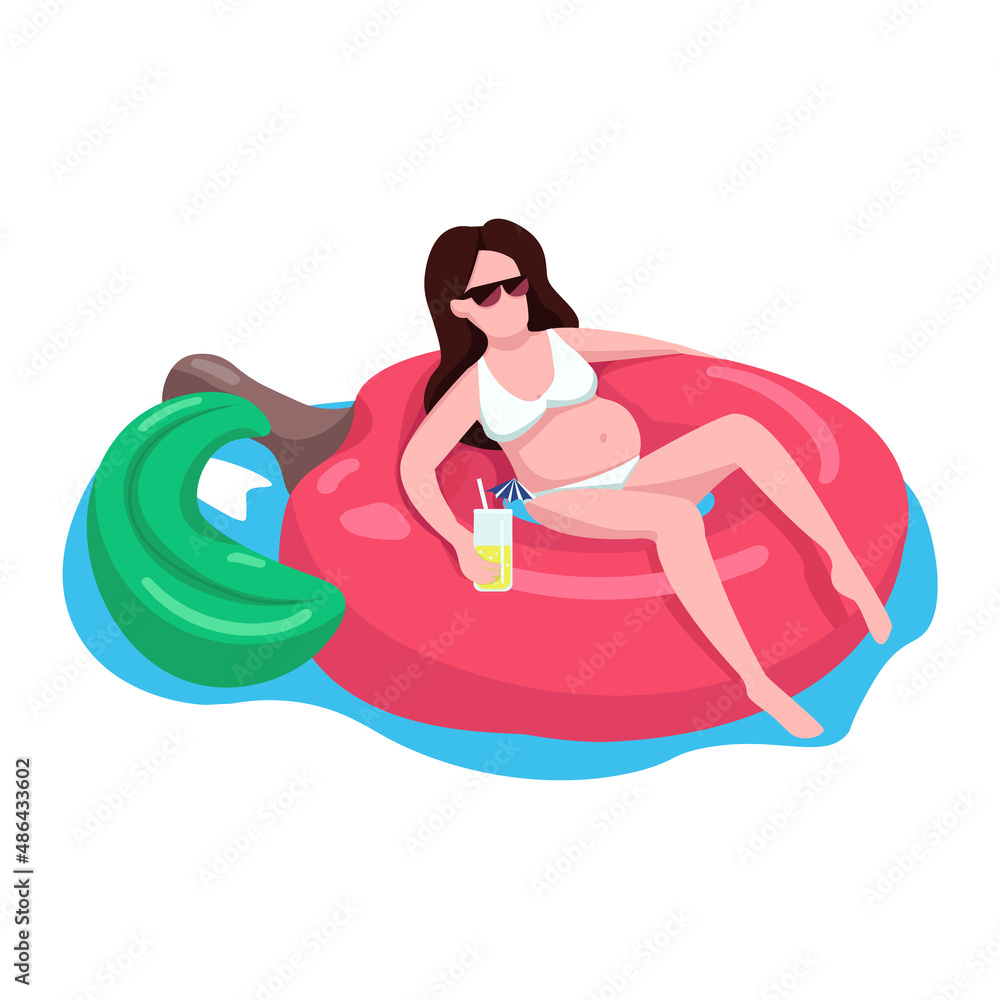 Pregnant woman in cherry air mattress semi flat color vector character. Lying figure. Full body person on white. Pool activity simple cartoon style illustration for web graphic design and animation Pregnant woman in cherry air mattress semi flat color vector character. Lying figure. Full body person on white. Pool activity simple cartoon style illustration for web graphic design and animation