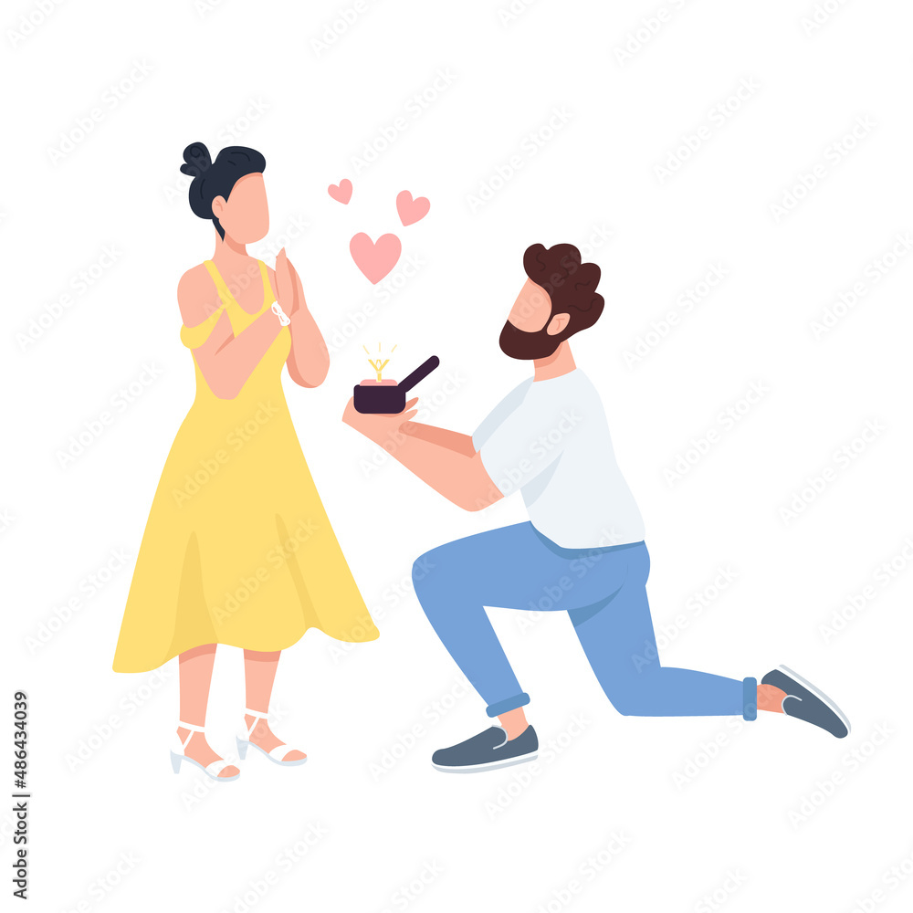 Marriage proposal semi flat color vector characters. Standing figures. Full body people on white. Couple in love simple cartoon style illustration for web graphic design and animation