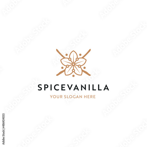 Gold Vanilla Flower Spice Bean, Organic Seasoning Food Logo Design Vector
