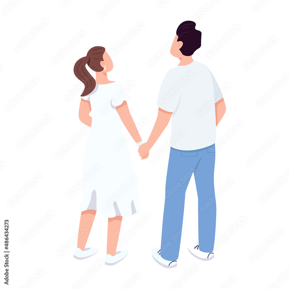 Loving couple holding hands semi flat color vector characters. Standing figures. Full body people on white. Couple looking up simple cartoon style illustration for web graphic design and animation