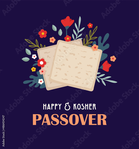 Pesah celebration concept, jewish Passover holiday. Matzah bread, spring flowers and passover greeting. Pesach template, invitation and greeting card design