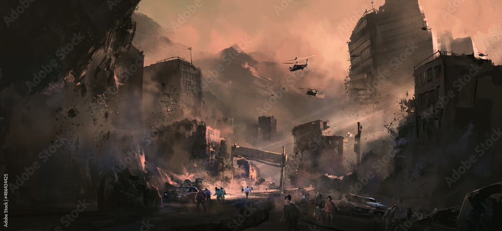 Apocalyptic destruction scene, 3D illustration - obrazy, fototapety, plakaty 