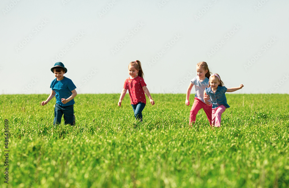 A group of happy children of boys and girls run in the Park on the grass on a Sunny summer day . The concept of ethnic friendship, peace, kindness, childhood A group of happy children of boys and girls run in the Park on the grass on a Sunny summer day . The concept of ethnic friendship, peace, kindness, childhood