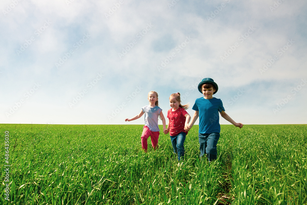 A group of happy children of boys and girls run in the Park on the grass on a Sunny summer day . The concept of ethnic friendship, peace, kindness, childhood