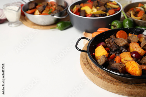 Concept of tasty food with beef with vegetables, space for text