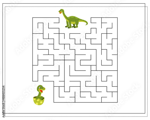 Children's logic game go through the maze. Help the baby brontosaurus to pass the maze, dinosaurs. Vector