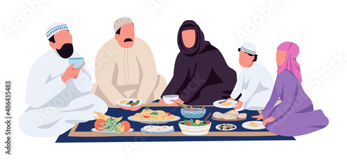 Traditional family dinner semi flat color vector characters. Sitting figures. Full body person on white. Eating and drinking simple cartoon style illustration for web graphic design and animation