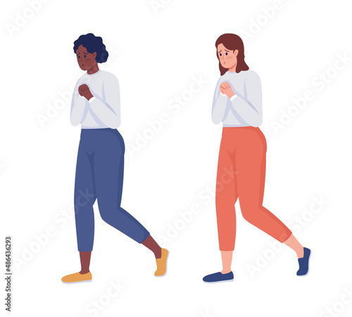 Anxious woman semi flat color vector character set. Walking figure. Full body people on white. Nervous isolated modern cartoon style illustration for graphic design and animation collection