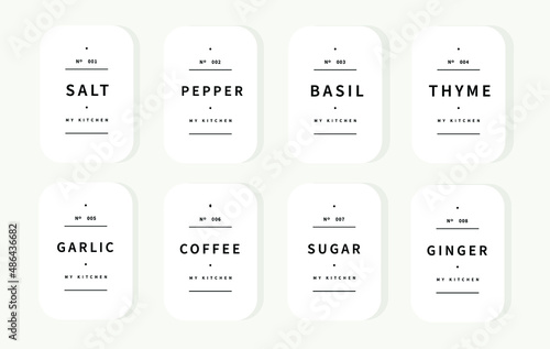kitchen pantry labels premade design template for herbs and spices, grain and cereals. cooking ingredient organizing printable stickers for jars 