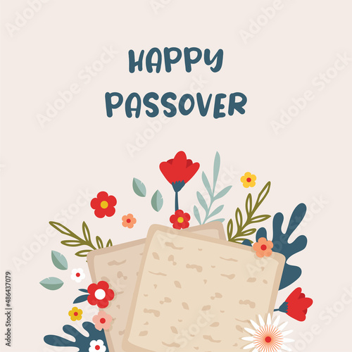 Pesah celebration concept, jewish Passover holiday. Matzah bread, spring flowers and passover greeting. Pesach template, invitation and greeting card design