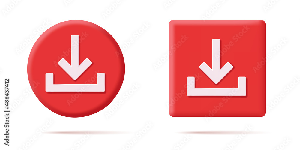 Set of download icon button on round and square shapes with down pointing arrow, 3d volume element Set of download icon button on round and square shapes with down pointing arrow, 3d volume element