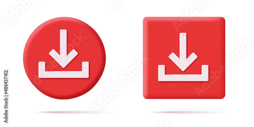 Set of download icon button on round and square shapes with down pointing arrow, 3d volume element