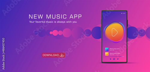 Music streaming mobile app design. Generic and fictional user interface on a smartphone display, promo banner for the application in purple colors