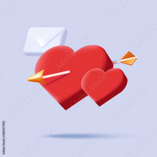 Isometric 3d icon illustration of two hearts hit with arrow and love letter envelope