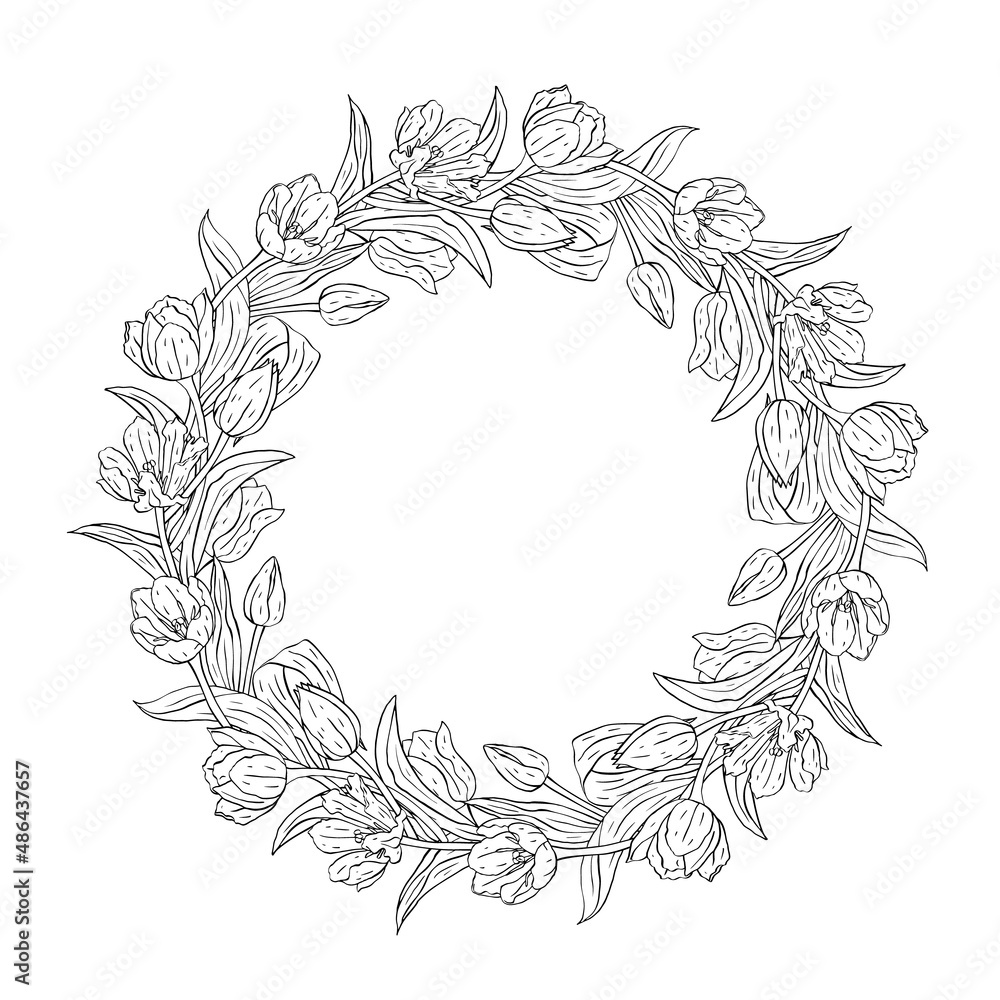Monochrome line art tulips flowers wreath isolated on white background Monochrome line art tulips flowers wreath isolated on white background