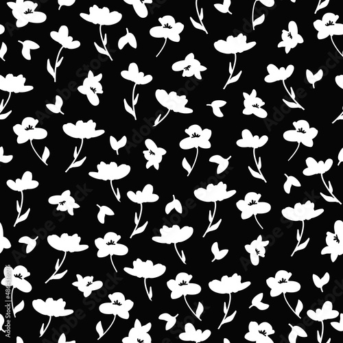Seamless vintage pattern. White flowers and leaves. Black background. vector texture. fashionable print for textiles, wallpaper and packaging.