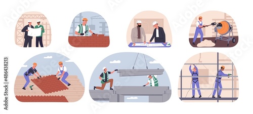 Builders at work set. Different construction workers in hard hats, working. Contactors planning and building houses. Constructors profession. Flat vector illustrations isolated on white background