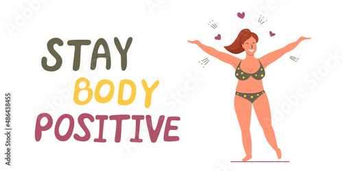 Happy woman with overweight plus size in swimsuit enjoying life and spread arms to sides. Concept of body positive, acceptance of your body and love for your body. Vector