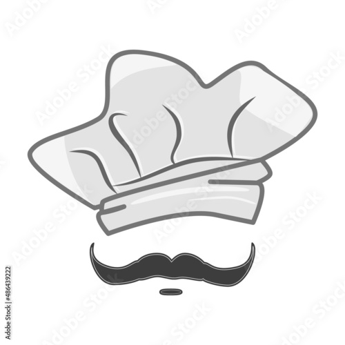 Chef hat and mustache isolated on white background. Chef cook cap with mustaches icon. Bakery, restaurant or pizzeria sign. Baker kitchen, cafe menu, tasty food logo design. Stock vector illustration