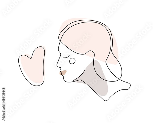 Young woman portrait Gua sha stones line art. In fashionable modern linear style in pastel tones. Natural rose quartz Stone Scraper. Massage therapy. Beauty spa treatment and relax concept