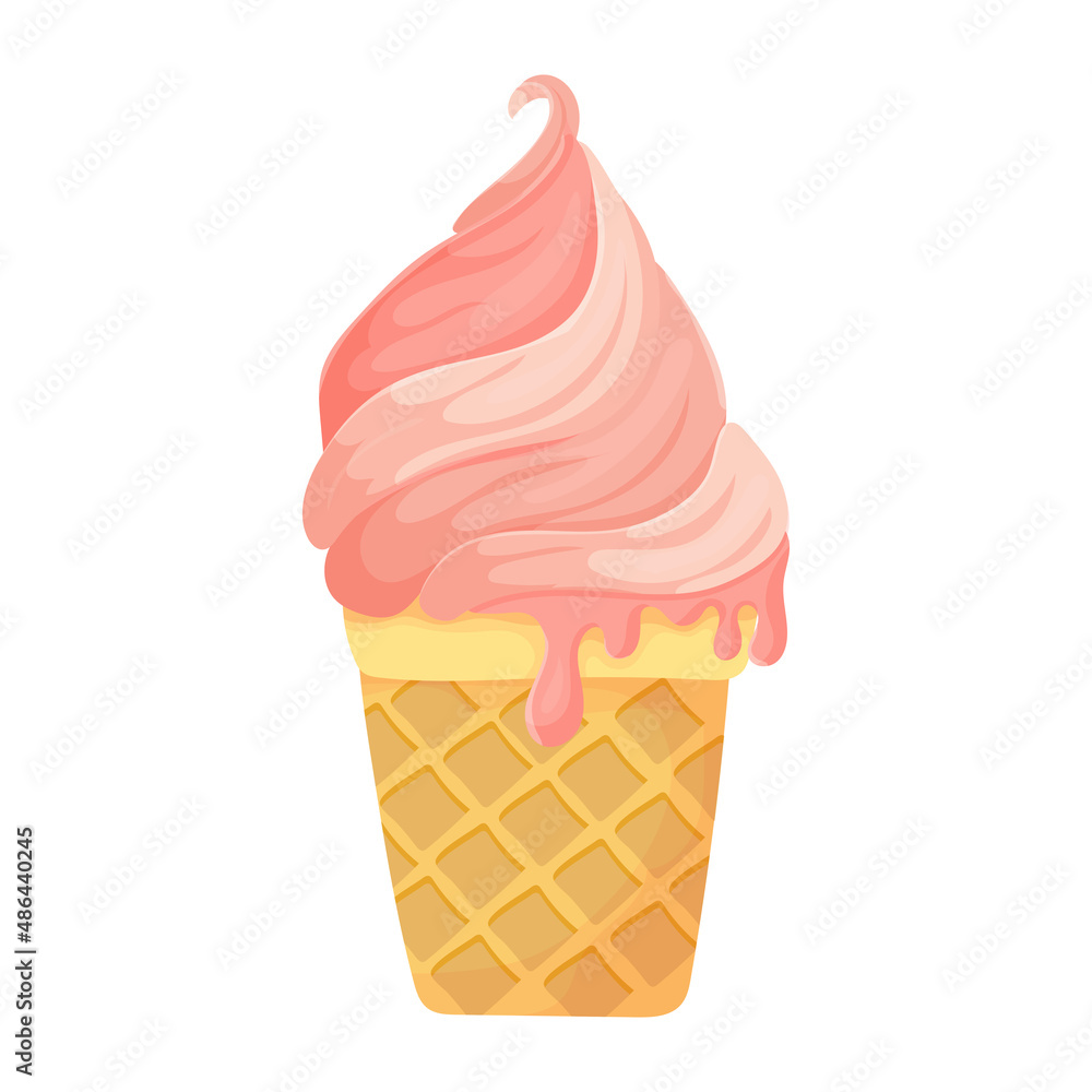 Berry ice cream in a waffle cup. Sweets. Beach vacation accessories. Summer weekend. Vector illustration isolated on white background.