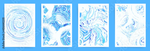 Flow of water, falling drops and water surface vector concept background illustrations collection. Frame card set for poster, banner, brochure, flyer, decor. Blue pure ocean water backdrop print. 