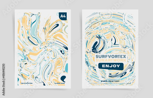 Abstract colorful mixing drinks concept design. Vector poster template set with blue, ocean green and juicy yellow water pattern.