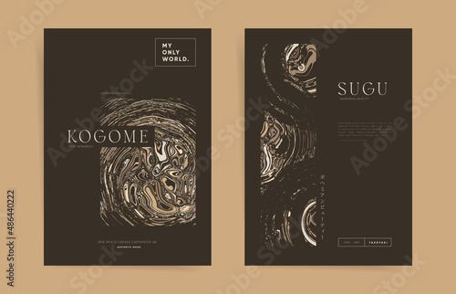Marble texture cover backgrounds set for banner, poster or brochure, booklet design. Abstract japanese liquid metal or stone with beige ink watercolor templates. Vector aesthetic concept. 