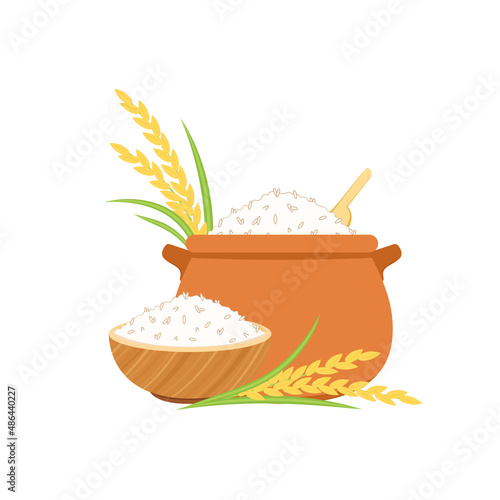 Cooking rice in earthen pot. Earth pot vector. Hot rice in bowl.